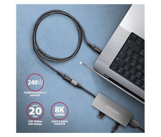 AXAGON BUCM32-CF05AB Kabel przedłużający USB-C (M) <-> USB-C (F), 0.5m, USB 20Gbps, PD 240W 5A, 8K HD, ALU, oplot, czarn