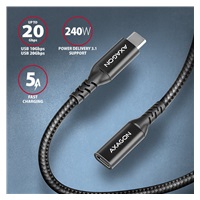 AXAGON BUCM32-CF05AB Kabel przedłużający USB-C (M) <-> USB-C (F), 0.5m, USB 20Gbps, PD 240W 5A, 8K HD, ALU, oplot, czarn