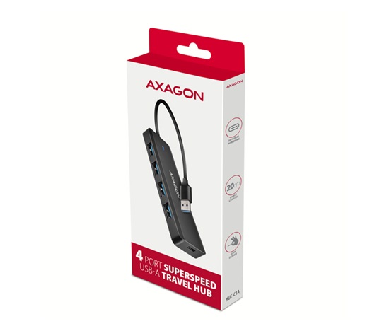 AXAGON HUE-C1A, 4x USB 5Gbps TRAVEL hub, złącze zasilania USB-C, kabel USB-A 19cm