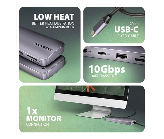 AXAGON HMC-6GM2, USB 10Gbps hub, USB-A, USB-C, HDMI, M.2 slot, SD/MicroSD, PD 100W, kabel USB-C 20cm