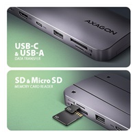 AXAGON HMC-6GM2, USB 10Gbps hub, USB-A, USB-C, HDMI, M.2 slot, SD/MicroSD, PD 100W, kabel USB-C 20cm