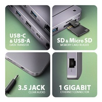 AXAGON HMC-12GM2, USB 10Gbps hub, 3x USB-A, USB-C, HDMI, DP, RJ-45 GLAN, M.2, SD/mSD, audio, PD 100W, kabel USB-C 50cm