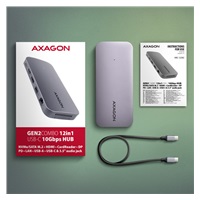 AXAGON HMC-12GM2, USB 10Gbps hub, 3x USB-A, USB-C, HDMI, DP, RJ-45 GLAN, M.2, SD/mSD, audio, PD 100W, kabel USB-C 50cm