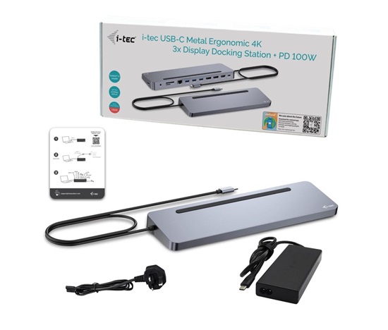 i-tec USB-C Metal Ergonomic 4K 3x Display Docking Station, PD 100W + i-tec Universal Charger 100W (bundle)