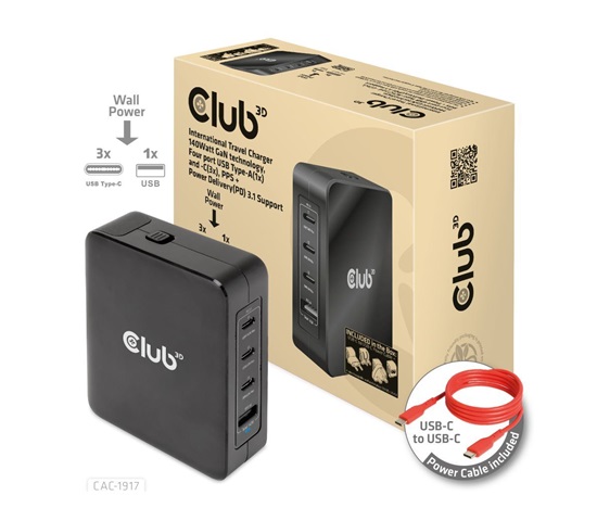 Club3D cestovní nabíječka 140W GaN technologie, 3xUSB-C, 1xUSB-A, PPS + PD 3.1 Support