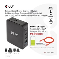 Club3D cestovní nabíječka 140W GaN technologie, 3xUSB-C, 1xUSB-A, PPS + PD 3.1 Support