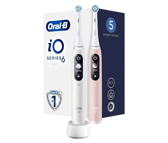 Oral-B iO Series 6 Duo White & Pink Sand set elektrických zubních kartáčků, 5 režimů, AI, časovač