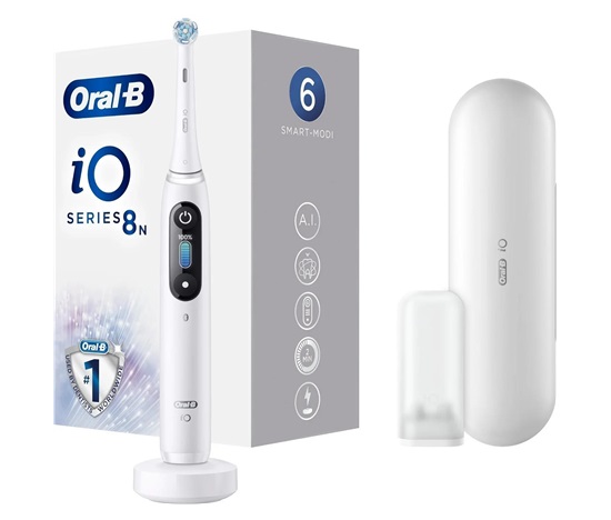 Oral-B iO Series 8 White Alabaster elektrický zubní kartáček, magnetický, 6 režimů, časovač, tlakový senzor, pouzdro