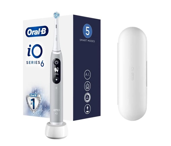Oral-B iO Series 6 Grey Opal elektrický zubní kartáček, magnetický, 5 režimů, tlakový senzor, AI, pouzdro