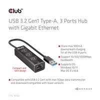 Club3D Rozbočovač, USB-A 3.2 Gen1 na 3x USB 3.1, Gigabit Ethernet