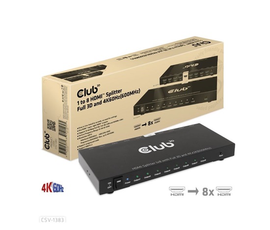 Club3D Video rozbočovač 1:4 HDMI 2.0 4K120Hz, 4 porty, černá