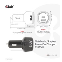 Club3D Auto nabíječka pro Notebooky 63W, 2 porty (USB-A + USB-C)