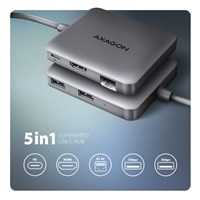 AXAGON HMC-5HL USB 5Gbps hub, 2x USB-A, HDMI 4k/60Hz, RJ-45 GLAN, PD 100W, kabel USB-C 20cm