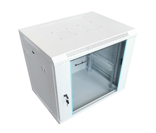 XtendLan 19" nástěnný rozvaděč 12U 600x450, nosnost 60 kg, skleněné dveře, rozložený, šedý
