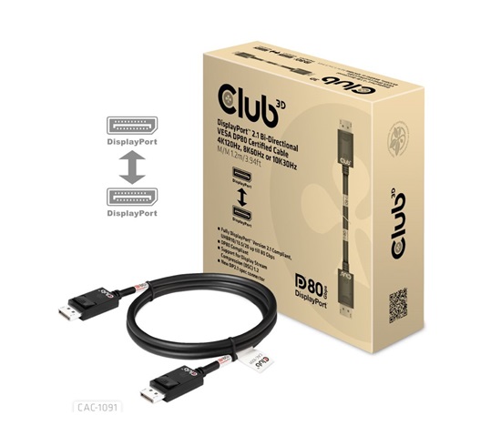 Club3D Kabel DisplayPort 2.1 na DisplayPort 2.1 VESA DP80, 4K240Hz/8K60Hz/10K30Hz HDR (M/M), 1.2m, černá