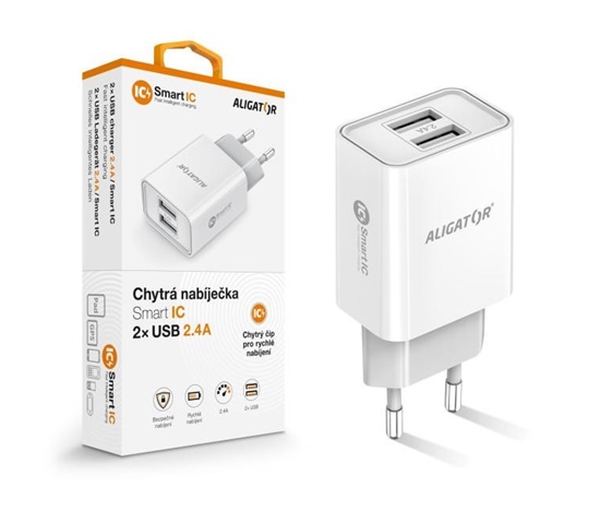 Aligator síťová nabíječka, 2x USB, smart IC, 2,4 A, bílá