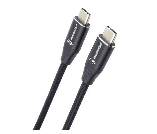 PREMIUMCORD Kabel USB-C M/M, 240W 480Mbps černý bavlněný oplet, 1,5m