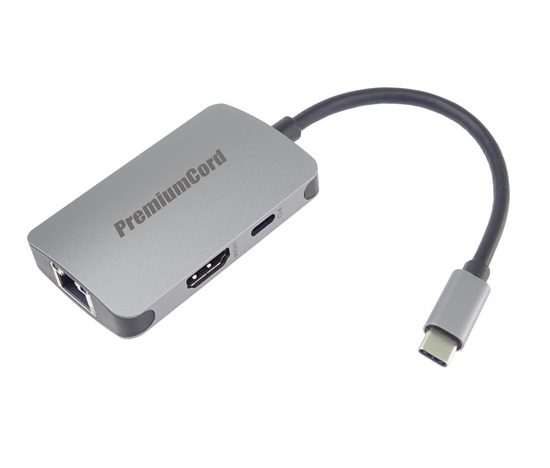 PREMIUMCORD Adaptér USB-C na HDMI + RJ45 + PD adaptér, hliníkové pouzdro