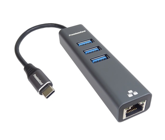 PREMIUMCORD Adaptér USB-C na Gigabit 10/100/1000Mbps + 3x USB3.0 konektor