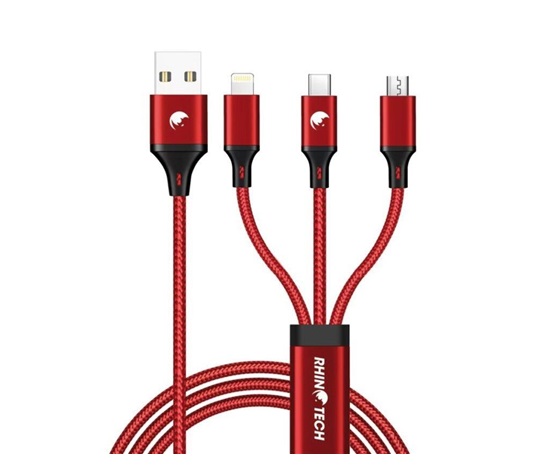 RhinoTech nabíjecí a datový kabel 3v1 USB-A (MicroUSB + Lightning + USB-C) 1,2m červená