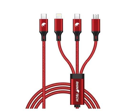 RhinoTech nabíjecí a datový kabel 3v1 USB-C (MicroUSB + Lightning + USB-C) 40W 1,2m červená