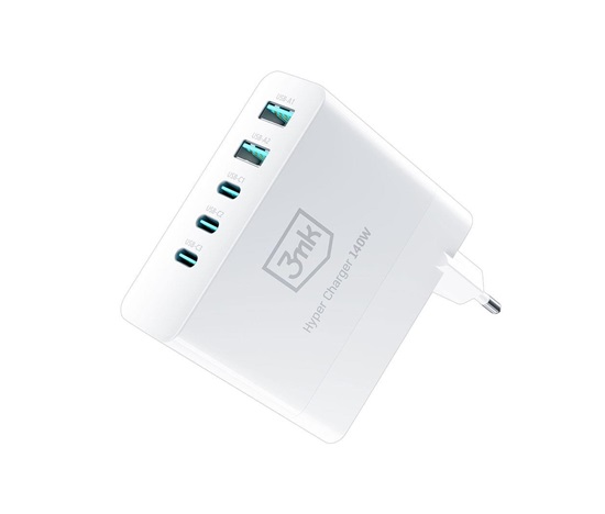 3mk síťová nabíječka - Hyper Charger 140W, GaN 3x USB-C (PD) / 2x USB, bílá