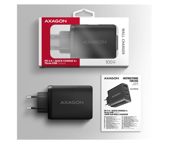 AXAGON ACU-DPQ100, GaN ładowarka sieciowa 100W, 3x port (USB-A + dual USB-C), PD3.0/PPS/QC4+/Apple, czarna