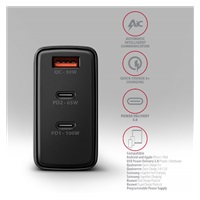 AXAGON ACU-DPQ100, GaN ładowarka sieciowa 100W, 3x port (USB-A + dual USB-C), PD3.0/PPS/QC4+/Apple, czarna