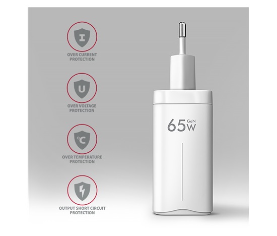 AXAGON ACU-DPQ65W, GaN ładowarka sieciowa GaN 65W, 3x port (USB-A + dual USB-C), PD3.0/QC4+/PPS/Apple, biała