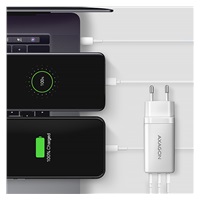 AXAGON ACU-DPQ65W, GaN ładowarka sieciowa GaN 65W, 3x port (USB-A + dual USB-C), PD3.0/QC4+/PPS/Apple, biała