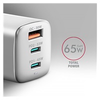 AXAGON ACU-DPQ65W, GaN ładowarka sieciowa GaN 65W, 3x port (USB-A + dual USB-C), PD3.0/QC4+/PPS/Apple, biała