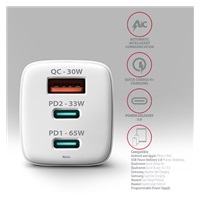 AXAGON ACU-DPQ65W, GaN ładowarka sieciowa GaN 65W, 3x port (USB-A + dual USB-C), PD3.0/QC4+/PPS/Apple, biała
