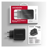 AXAGON ACU-PQ45 GaN ładowarka sieciowa 45W, 2x port (USB-A + USB-C), PD3.0/PPS/QC4+/SFC 2.0/AFC/Apple