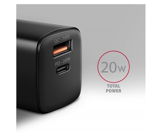 AXAGON ACU-PQ20, ładowarka sieciowa 20W, 2x port (USB-A + USB-C), PD3.0/PPS/QC4+/AFC/Apple, czarna