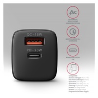 AXAGON ACU-PQ20, ładowarka sieciowa 20W, 2x port (USB-A + USB-C), PD3.0/PPS/QC4+/AFC/Apple, czarna