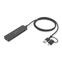 DIGITUS USB 3.0, Hub 4-Port, Slim Line with 120cm cable with USB-C adapterr
