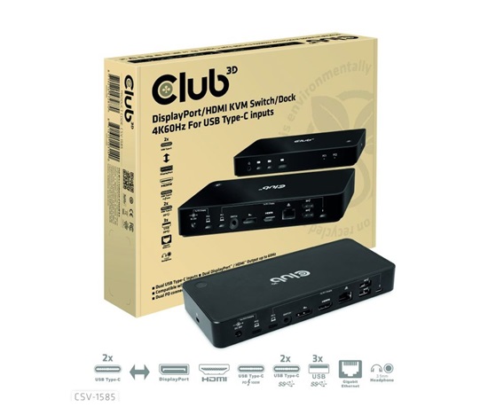 Club3D Dokovací stanice DisplayPort / HDMI KVM Switch, USB-C, PD