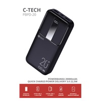 C-TECH Powerbanka 20000mAh, Li-Pol, 22,5W, USB-C/USB-A/micro USB