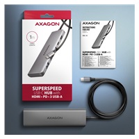AXAGON HMC-5H, USB 5Gbps hub, 3x USB-A, HDMI 4k/30Hz, PD 100W, kabel USB-C 100cm