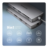 AXAGON HMC-8HLSA, USB 5Gbps hub, 3x USB-A, HDMI 4k/60Hz, RJ-45 GLAN, SD/microSD, audio, PD 100W, kabel USB-C 20cm