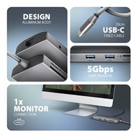 AXAGON HMC-8HLSA, USB 5Gbps hub, 3x USB-A, HDMI 4k/60Hz, RJ-45 GLAN, SD/microSD, audio, PD 100W, kabel USB-C 20cm
