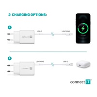 CONNECT IT Duplex nabíjecí adaptér 1xLightning, 1×USB-C, 20W, 1xLightning - USB-C kabel, bílá
