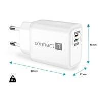 CONNECT IT Duplex nabíjecí adaptér 1xLightning, 1×USB-C, 20W, 1xLightning - USB-C kabel, bílá