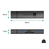 CONNECT IT Hub Compact 4v1, 2xUSB 3.0, 1xSD, 1xMicroSD, externí, černá