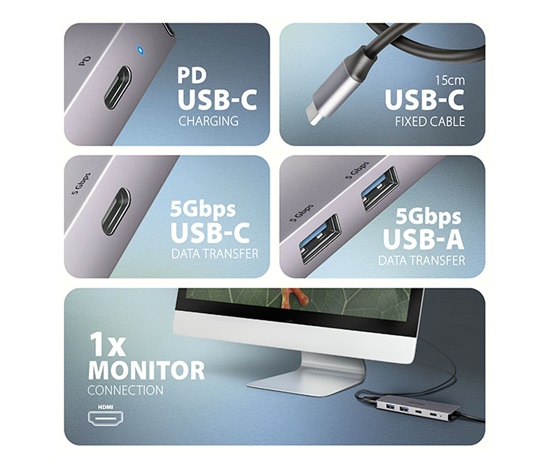 AXAGON HMC-5H60, USB 5Gbps hub, porty 2x USB-A, 1x USB-C, HDMI 4k/60, PD 100W, kabel USB-C 15cm