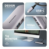 AXAGON HMC-6G2L, USB 10Gb/s hub, 2x USB-A, 1x USB-C, HDMI 4k/60, RJ-45, PD 100W, kabel USB-C 15cm
