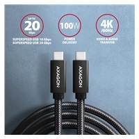 AXAGON BUCM32-CM15AB, SPEED+ kabel USB-C <-> USB-C, 1.5m, USB 20Gbps, PD 100W 5A, 4K HD, ALU, oplot, czarny