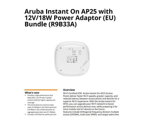 HPE Networking Instant On AP27 (RW) Dual Radio 2x2 Wi-Fi 6 Outdoor AP Bundle with PSU (+30W PoEmidspan injector + pCord)