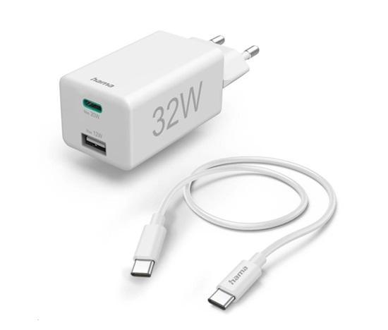 Hama set: rychlá USB nabíječka USB-C PD/QC, USB-A, 32 W + kabel USB C-C 1 m