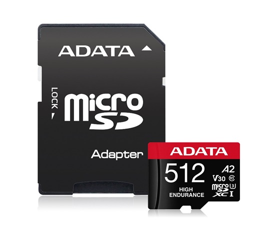 ADATA MicroSDXC karta 512GB High Endurance UHS-I C10 V30 A2 (R:100/W:85 MB/s) + SD adaptér